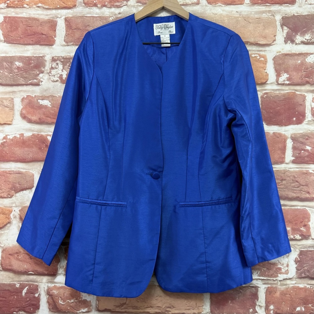 Tally Taylor Blazer Women's 10 Blue Slubbed Evening Dressy Single Button Jacket